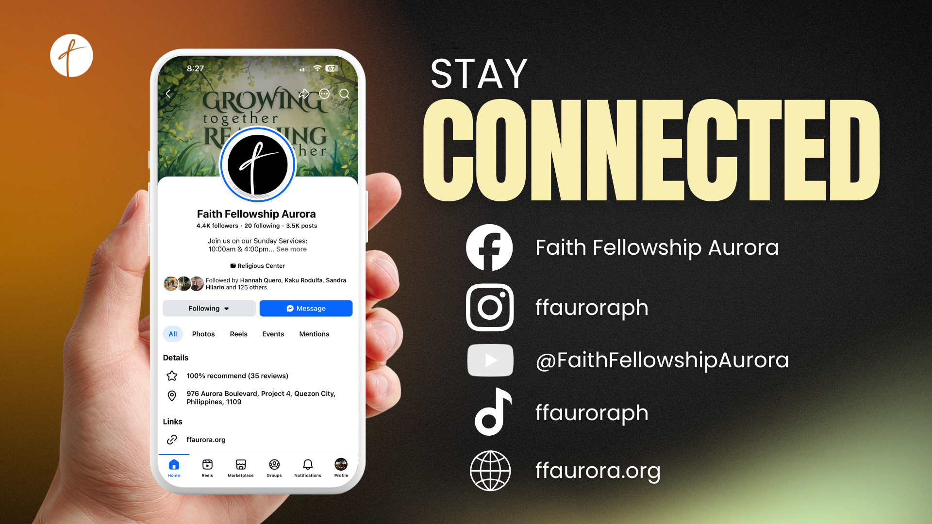 Stay connected: Faith Fellowship Aurora on Facebook, Instagram, YouTube, TikTok and ffaurora.org